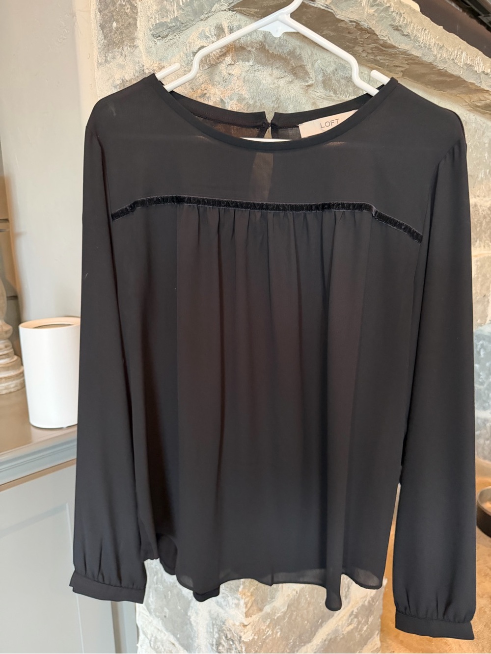 LOFT Black Long-Sleeve Pleated Yoke Blouse